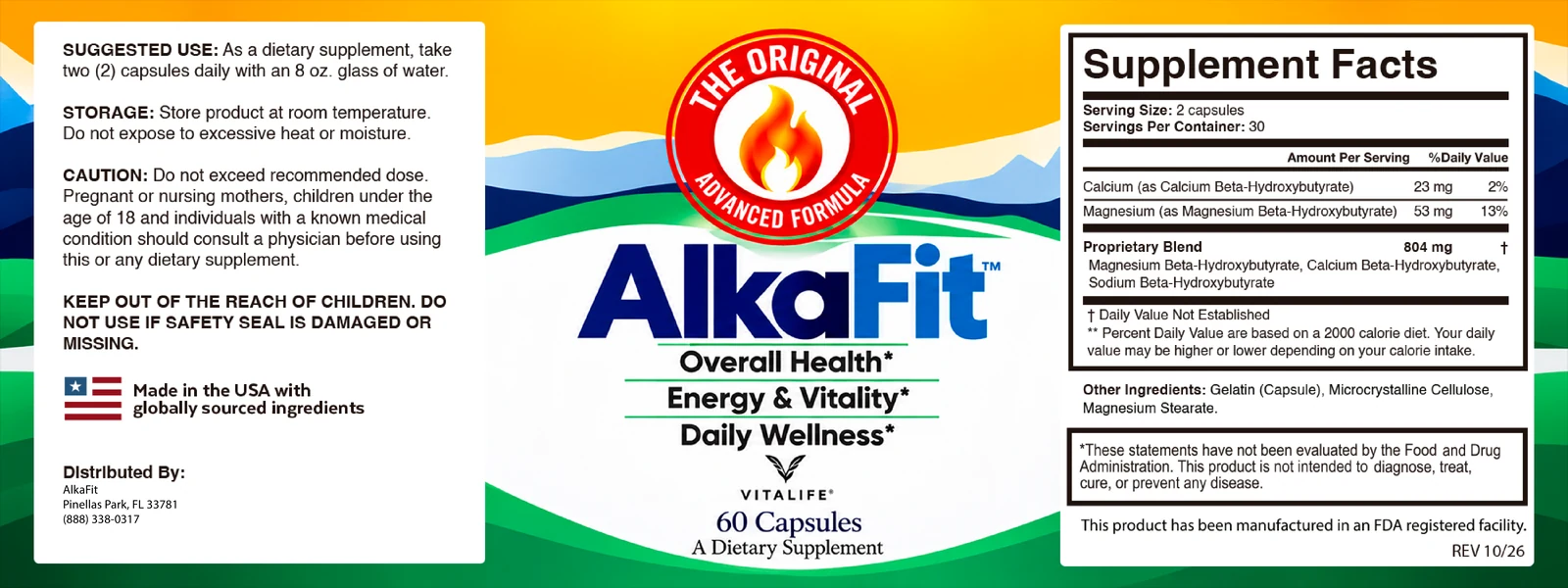 Official AlkaFit Advanced Formula label — suggested use, warnings and the full Supplement Facts panel